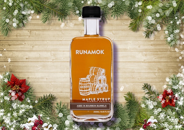 Runamok maple dyrup with decorated background.