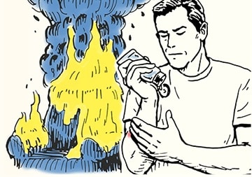 Illustration of a person pouring liquid onto a fire, causing it to flare up and demonstrating a potential cause for needing burn treatment.
