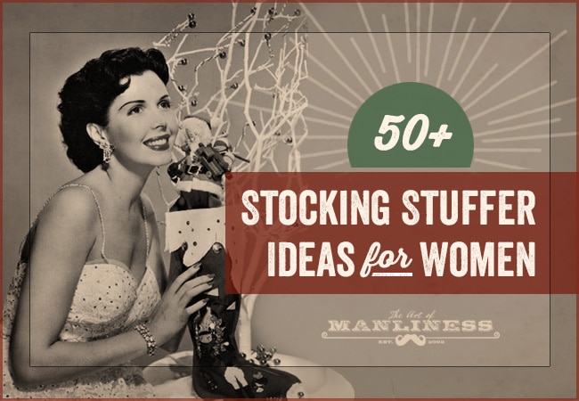 50 Stocking stuffers for women vintage woman holding stocking.