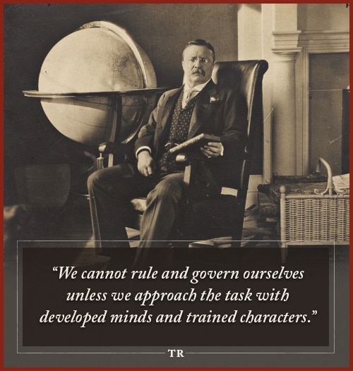 Quote by Theodore Roosevelt a sitting on the chair and holding a book.