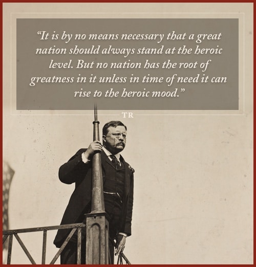 Quote by Theodore Roosevelt standing and taking support by the pole.
