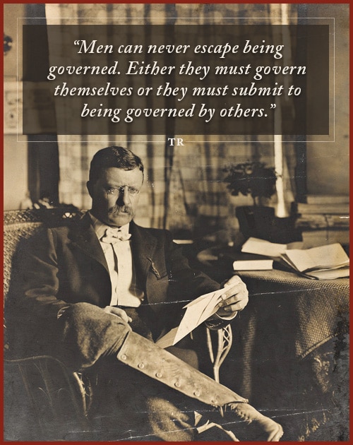 Quote by Theodore Roosevelt sitting one the chair and holding a paper in left hand.