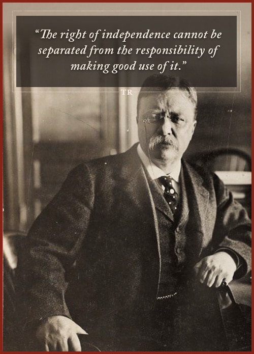 Quote by Theodore Roosevelt sitting on the chair and holding a bag in his left hand.
