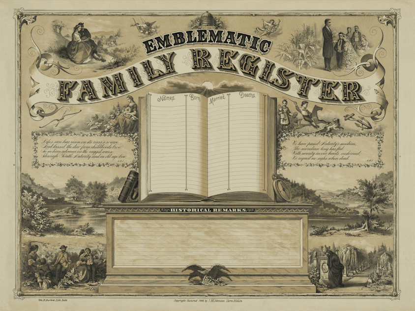 A family register with the words 'empirical family register' for genealogy enthusiasts.