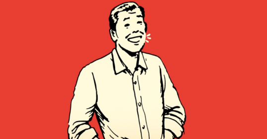 An illustration of a man laughing on a vibrant red background, showcasing his expressive body language.