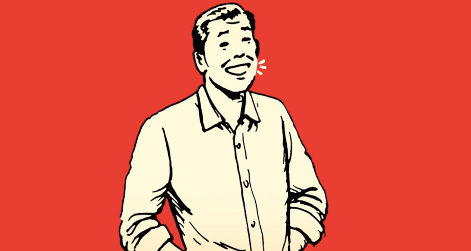 An illustration of a man laughing on a vibrant red background, showcasing his expressive body language.
