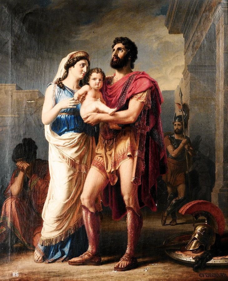 ancient trojan hero hector holding baby son painting 