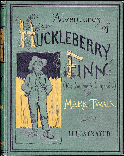 The Adventures of Huckleberry Finn by Mark Twain, book cover.