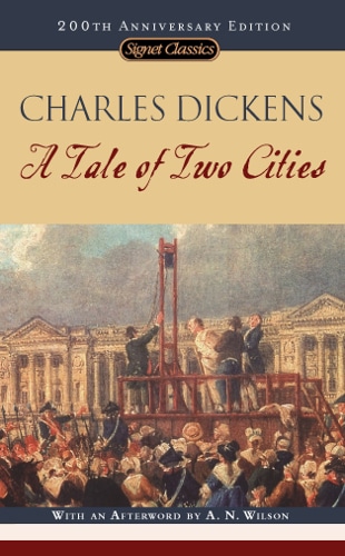 The book cover of A Tale of Two Cities by Charles Dickens.