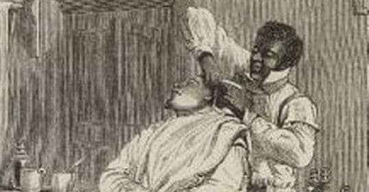 An engraving of a man getting his hair cut by the Knights of the Razor.