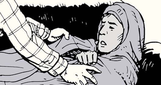 A person in a hooded outfit lies down, holding onto the arm of another individual reaching out to them, as if learning how to treat hypothermia. The scene unfolds in a monochrome, comic-style illustration.