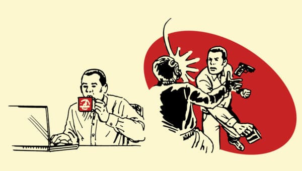 A man using hot coffee mug as a weapon for self defense.