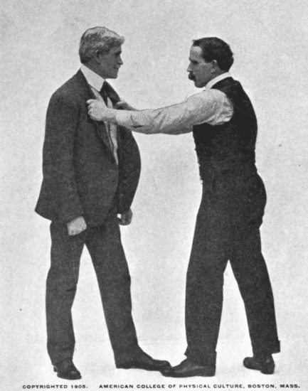 Drawing opponent to you by the lapels of the coat illustration.