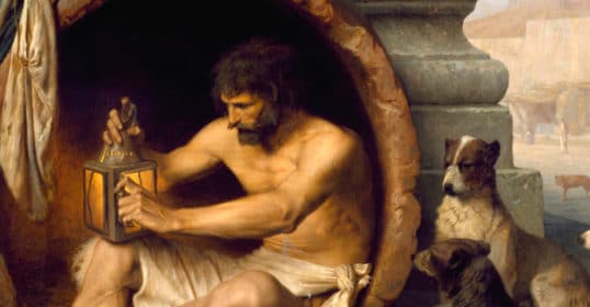 A painting of a man in a barrel, embodying self-reliance.