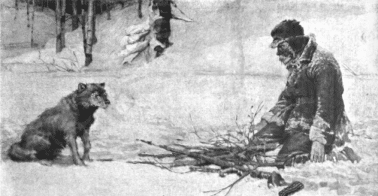 An old black and white illustration of a man and a wolf inspired by Jack London.