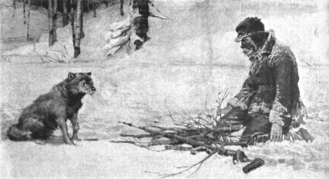 An old black and white illustration of a man and a wolf inspired by Jack London.