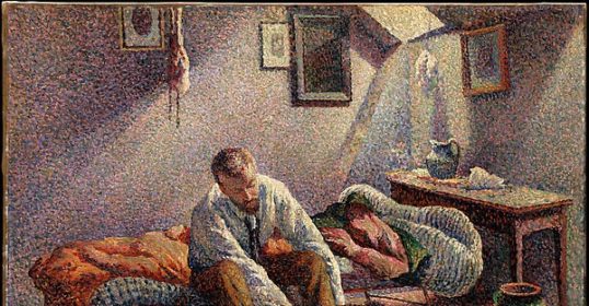 A Manvotional painting of a man resting on a bed.