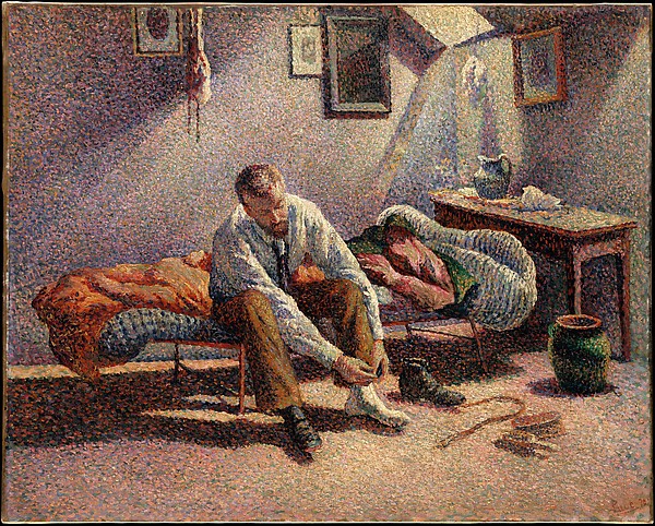 Painting man sitting on bed putting shoes on for work.