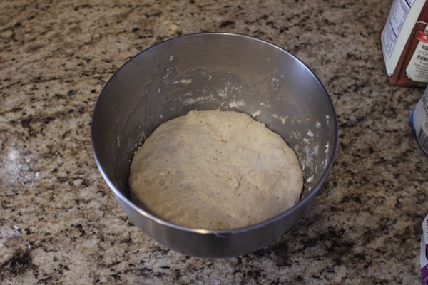 Dough in a steel bowl.