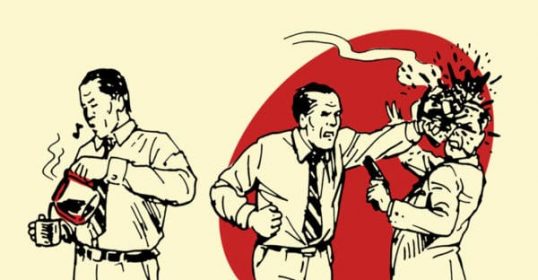 A cartoon of a man and a woman fighting over a cup of coffee using improvised weapons.
