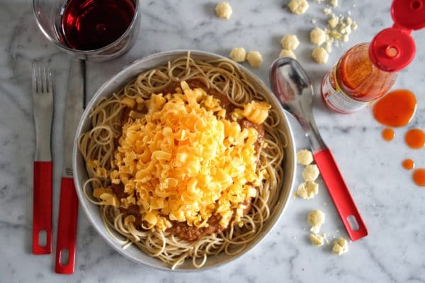 Homemade cincinnati style chili with pasta and cheese.