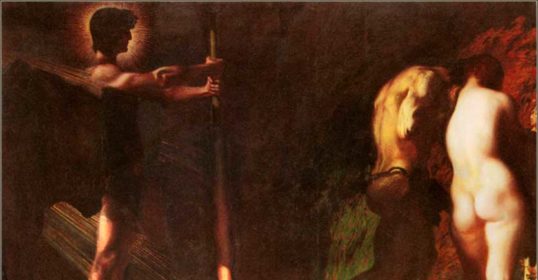 A painting of two naked men in a cave, reminiscent of Eden.