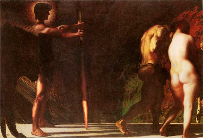 A painting of two naked men in a cave, reminiscent of Eden.