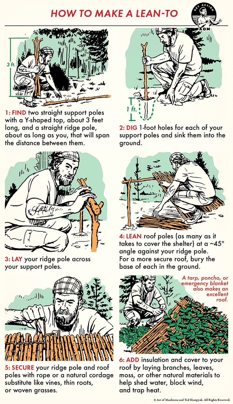 Illustrated guide on constructing a simple Survival Shelter using natural materials in the wilderness.