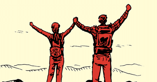Two people standing on top of a mountain, raising their arms in celebration of their strong relationship.