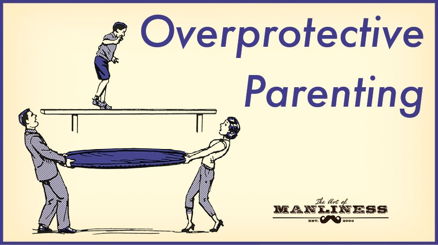 Overprotective parents holding net under child illustration.