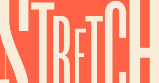 An orange and white logo with the word stretch on it.