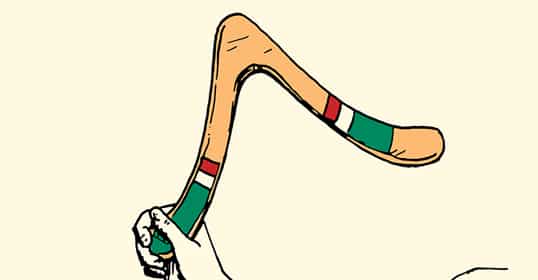 Illustration of a hand skillfully gripping a boomerang with a colorful design, ready to throw.