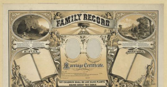 A family research certificate with a variety of pictures showcasing the family tree.