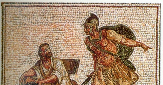 A mosaic portraying a man and a woman in Ancient Greek style.