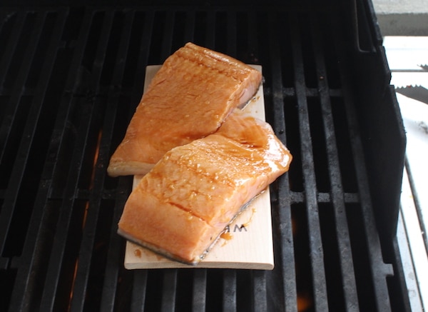 Salmon on wood grilling plank. 