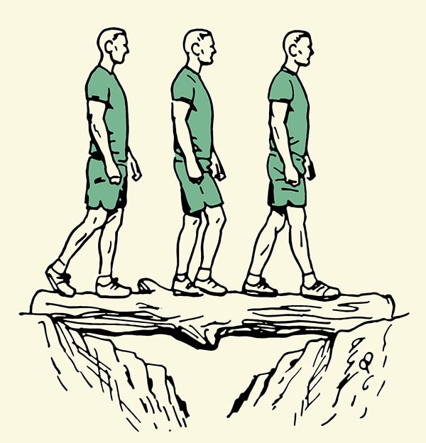 man balancing on a log over a canyon illustration