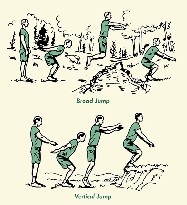 Man doing broad jump over stream vertical jump illustration.