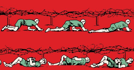 A man is mastering physical skills on a red background.