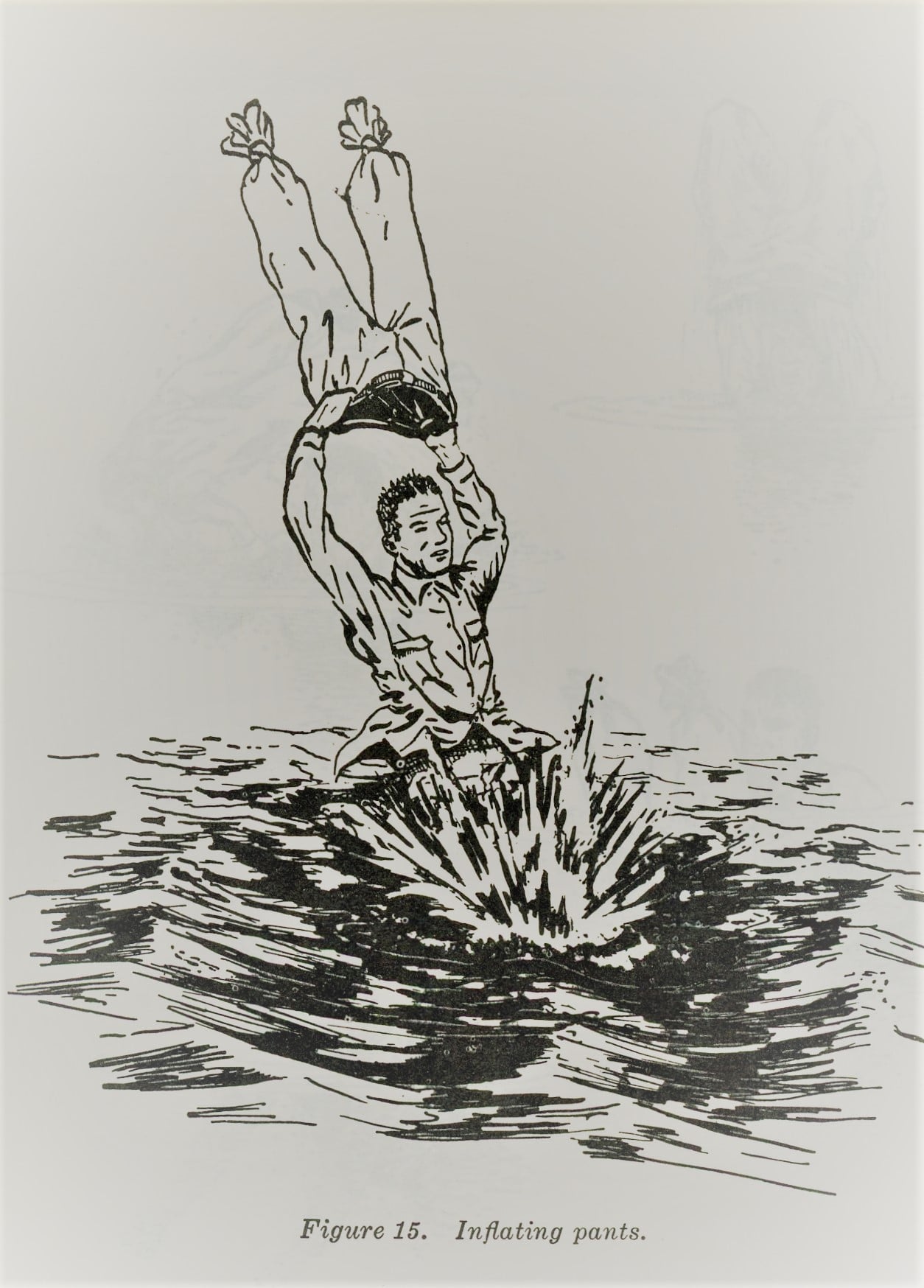 Vintage illustration using pants as flotation device in water surface.