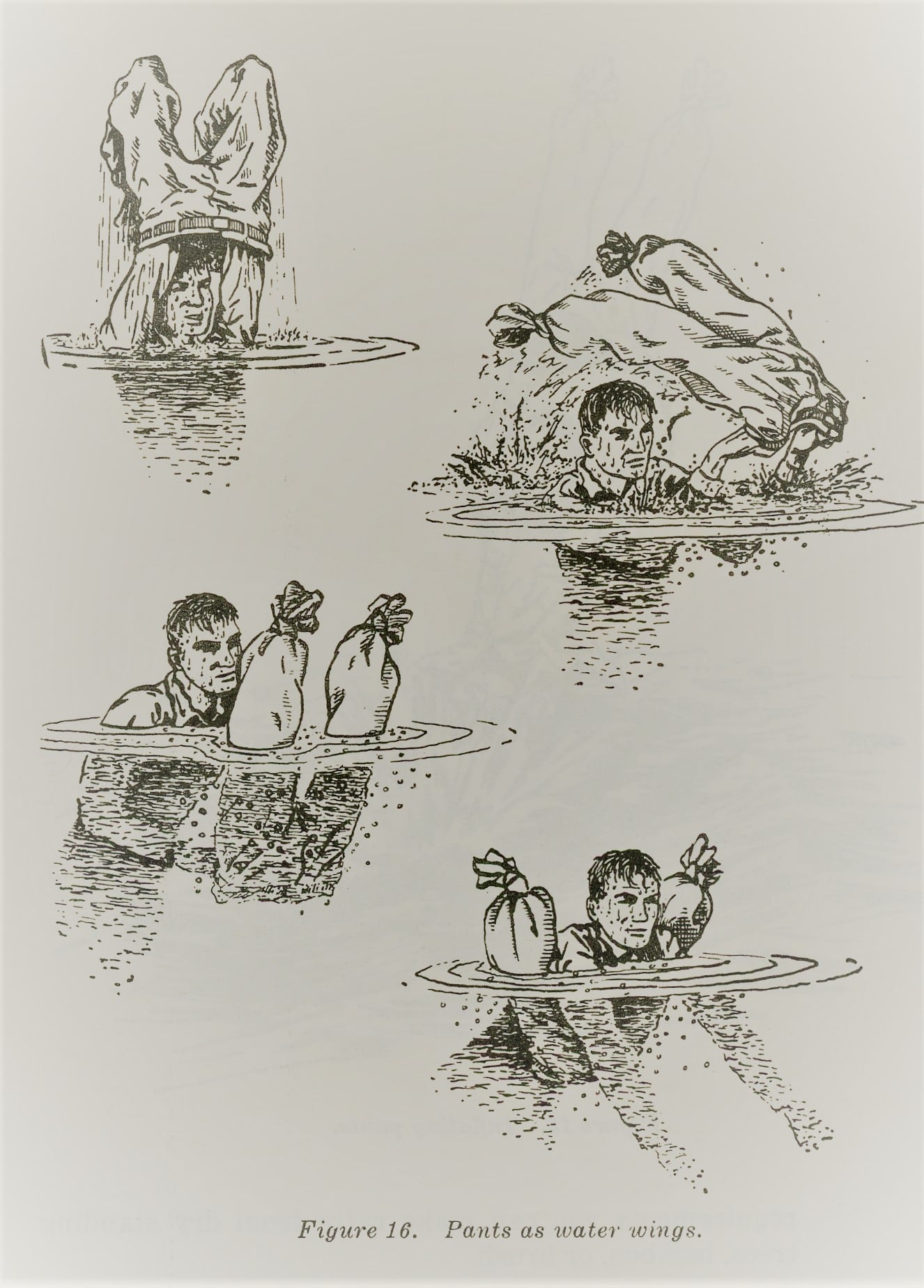 Vintage survival illustration using pants as flotation device in four steps.