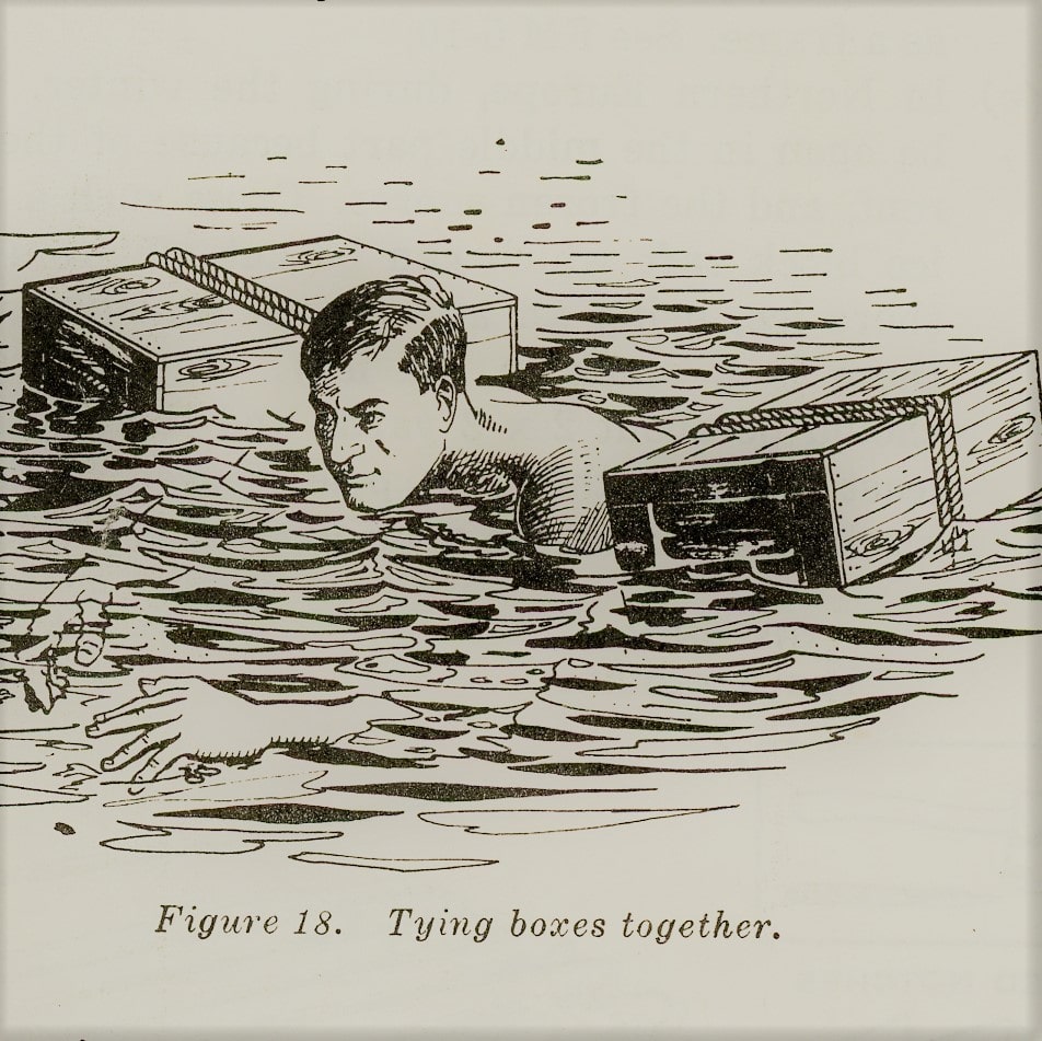 Vintage survival illustration using boxes as flotation device.