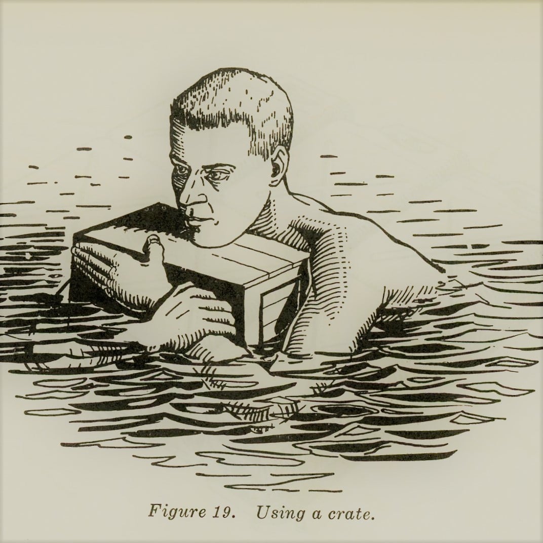 Vintage survival illustration using a crate as a flotation device.