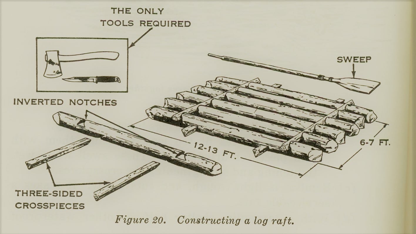 vintage survival illustration constructing log raft 