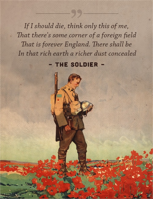 The soldier, poem by rupert brooke, with a cover of a soldier looking toward the flowers.