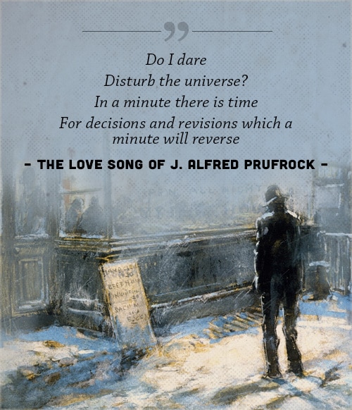 The long song of J alfred prufrock, poem by ts eliot, with a cover of man standing in a street.