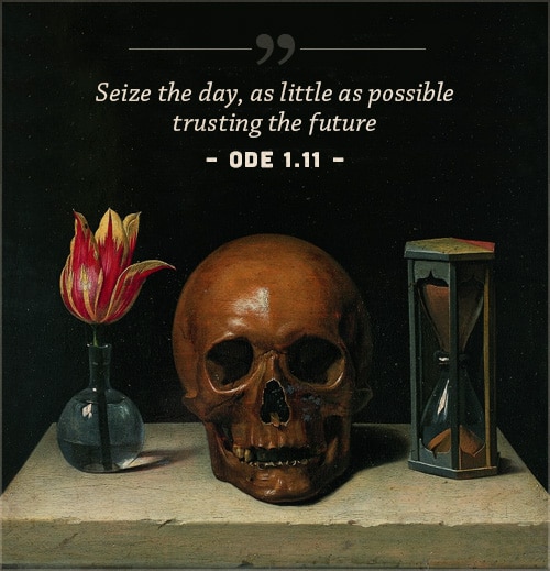 ode 1.11, dikt av horace seize, dagen carpe diem med et dekke av en hodeskalle,blomst og en sandklokke.Gjort berømt Av Robin Williams 'inspirerende litteraturlærer i Filmen Dead Poets Society, Horace' S Ode 1.11 inneholder En av de mest siterte latinske setningene — Carpe diem, eller 