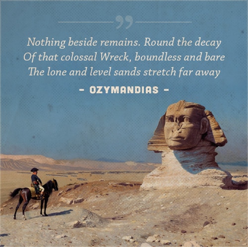 Ozymandias, poem by Percy Bysshe Shelley, with a cover of man standing infront of a pyramid.