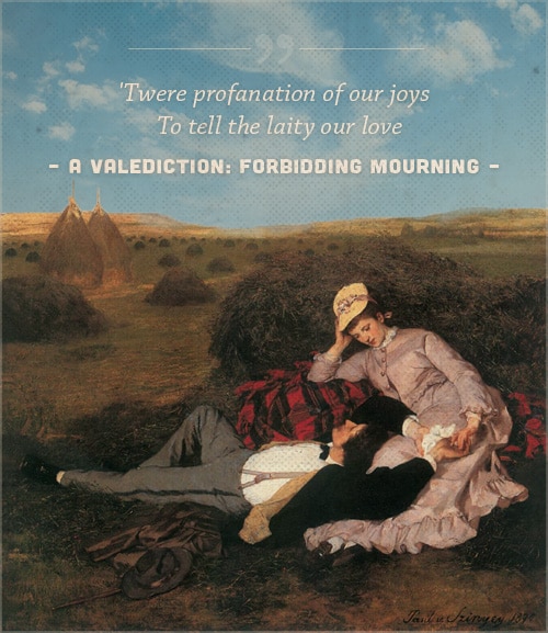 A valedition forbidding mourning, poem john donne, with a cover of a couple holding hands.escrito para sua esposa ao sair para uma viagem ao exterior, o poema de Donne usa o conceito literário de um 