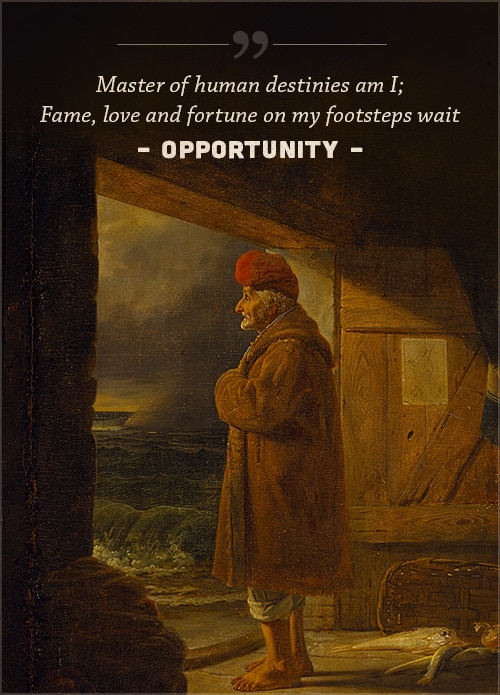 Opportunity, poem by john james ingalls, with a cover of Old man standing on the door watching ocean waves.