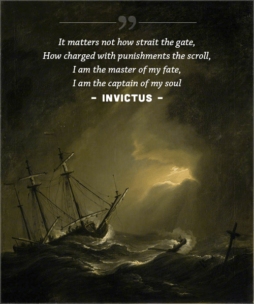 Invictus dikt, av william ernest henley kaptein på min sjel cover av skipet seiler i en storm.